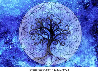tree of life symbol on structured ornamental background, flower of life pattern, yggdrasil.
