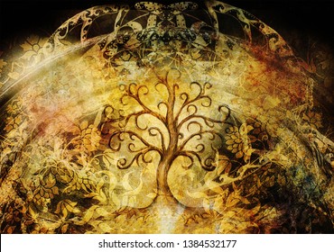 tree of life symbol on structured background, yggdrasil.