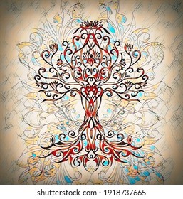 tree of life symbol on structured ornamental background, yggdrasil.