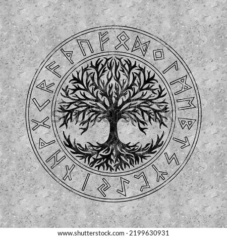 Tree of life, Yggdrasil, Futhark runes circle, Norse mythology, viking, Celtic, vintage colored background Foto d'archivio © 