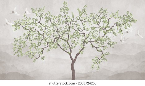 A tree on the background of a Japanese landscape with flying cranes. Mural, Wallpaper for interior printing.