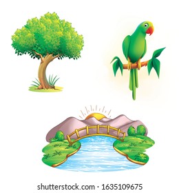 Tree parrot river cartoon illustration artwork