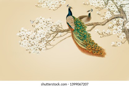 Tree With Peacock Texture Background 3D Wallpaper