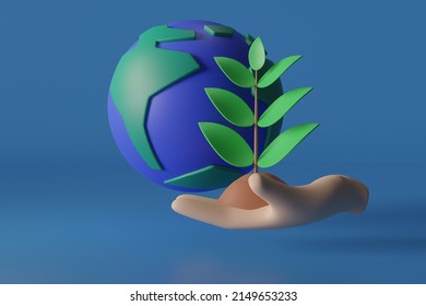 Tree are planted on the ground in hand and earth model. Concept of plant growth and environmental protection.3d illustration - Powered by Shutterstock