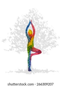 Tree Pose Yoga, Watercolor Painting, Abstract Aura Power Double Exposure