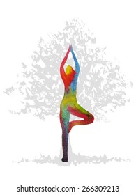 Tree Pose Yoga, Watercolor Painting, Abstract Aura Power Double Exposure