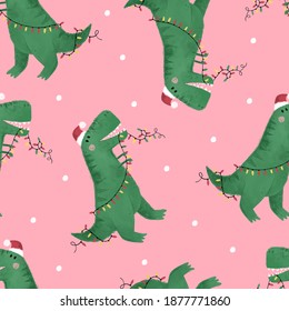 Tree Rex - Christmas Dinosaur. Cute Hand Drawn Christmas Seamless Pattern With Dino