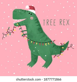 Tree Rex - Christmas Dinosaur. Cute Hand Drawn Christmas Print With Dino