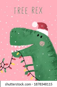 Tree Rex - Christmas Dinosaur. Cute Hand Drawn Christmas Print With Dino