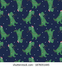 Tree Rex - Christmas Dinosaur. Cute Hand Drawn Christmas Seamless Pattern With Dino