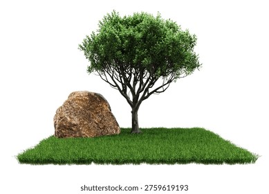 Tree rock and patch of grass on white, ideal for naturethemed designs, environmental concepts, and outdoor advertising materials.