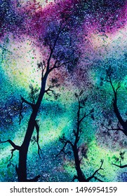 Tree Silhouettes In Front Of Galaxy Sky, Watercolor Painting