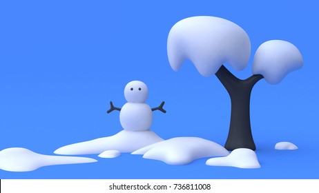 Tree Snowman Many Snow Of Blue Scene Blue Background Nature Winter Concept Abstract Cartoon Style Minimal 3d Rendering