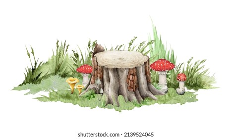 Tree stump with mushrooms and grass background. Watercolor illustration. Forest wildlife nature scene. Hand drawn mossy stump with wild mushrooms and green grass