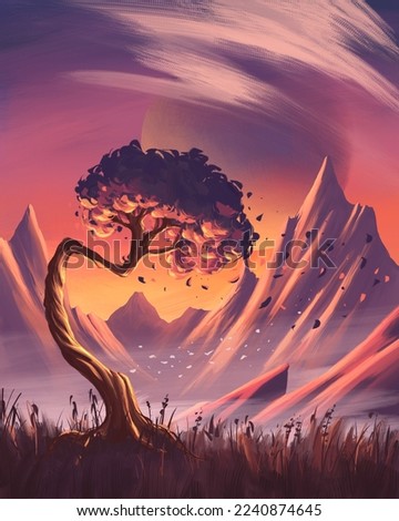Tree at the sunset in mountains