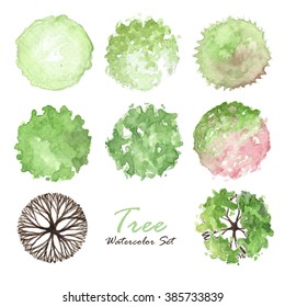 Tree Top View Watercolor Plan Set Isolated ;set Illustration Tree Watercolor Presentation Architecture Landscape Elements Design Logo In Plant Park Summer Season,sakura Branch Tree Watercolour.