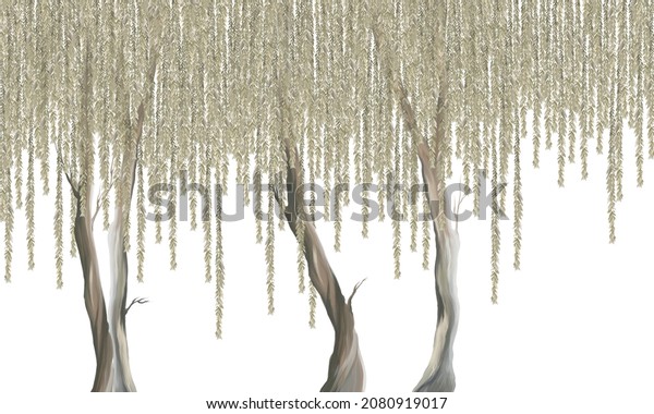  tree trunks with hanging branches and leaves on a white background, wall murals in a room or home interior