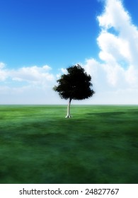 A tree within a green grass landscape.