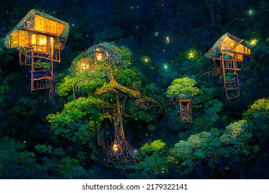 Treehouse Fantasy At Night With Fireflies