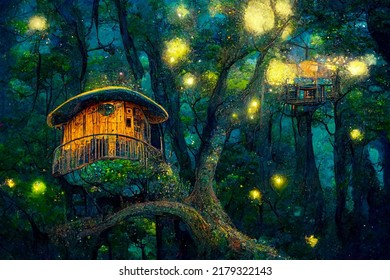 Treehouse Fantasy At Night With Fireflies