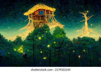 Treehouse Fantasy At Night With Fireflies