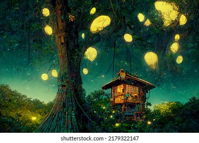 Treehouse Fantasy At Night With Fireflies