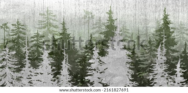 trees art drawing in different colors on a textural background scuffs photo wallpaper in the interior. Feature wall wallpaper. 