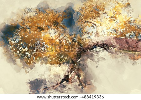 Trees in autumn with yellow leaves, digital watercolor painting