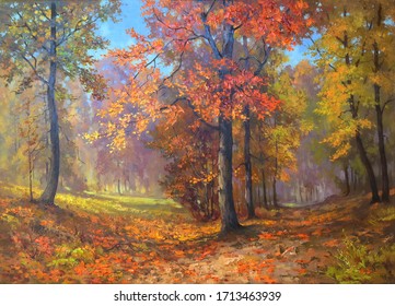 Trees With Bright Colorful Leaves Deep In The Autumn Forest,oil Painting, Fine Art, Fallen Leaves, Trees, Park, Autumn, Landscape, Nature