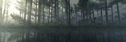 Trees In A Fog In The Morning Above The Water, A Forest In A Haze Above The River, A Park Above The Lake, 3D Rendering