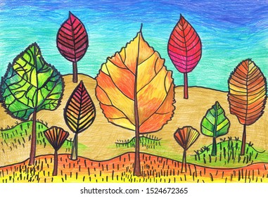 Trees Form Autumn Leaves Childrens Drawing Stock Illustration ...