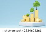 Trees growing from ascending stacks of coins, representing financial growth and investment success. Ideal for wealth building and business concepts. 3d rendering.