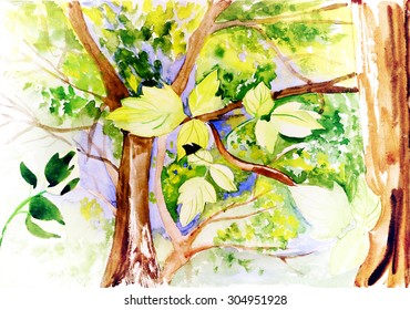 Trees Leaves Watercolor Painting Stock Illustration 304951928 ...