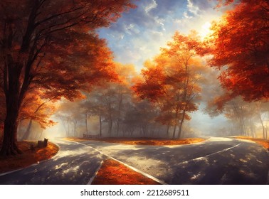 The Trees Are On Fire With Red And Orange Leaves, The Sky Is A Deep Blue, And The Road Leads To A Vanishing Point.