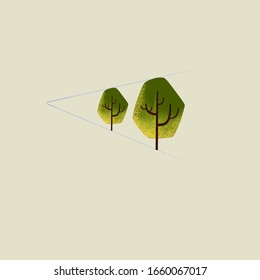 Trees In Perspective With Perspective Lines, One Vanishing Point. Isolated On Yellow Background