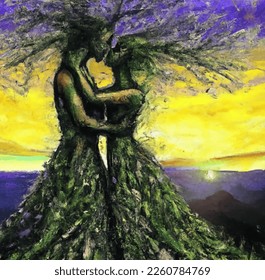 Trees in the shape of woman and man kissing each other, acrylic painting, couple kiss, nature love - Powered by Shutterstock