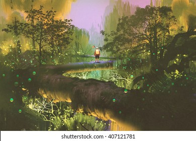 treetop trail,man standing in fantasy forest,illustration painting - Powered by Shutterstock