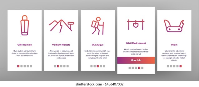 Trekking, Backpack Travel Onboarding Mobile App Page Screen. Trekking, Camping And Hiking Active Holiday Outline Symbols Pack. Map, Tent, Backpacker Isolated Contour Illustration - Powered by Shutterstock