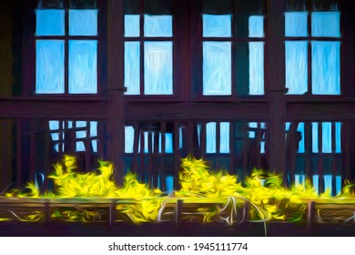 Trellis with flowering vine along wide balcony with railing, two chairs, and a table near row of windows in a beach town along the Gulf Coast of Florida, with digital painting effects. 3D rendering.