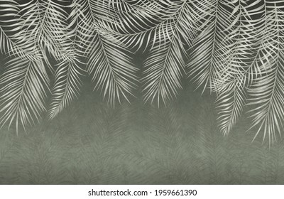 Trending leaves on a greenish background. Mural, Wallpaper for interior printing.