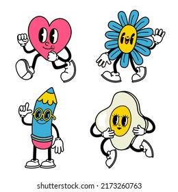 Trendy Abstract Cartoon. Comic Heart, Flower, Pencil And Egg With Cheerful Facial Expression, Arms And Legs. Funny Walking And Standing Characters With Smiley Faces Isolated  Set