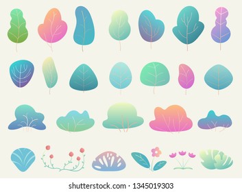 Trendy and beautiful gradient color simple flat forest elements. Bushes, floral elements and trees.