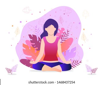 Trendy business yoga concept illustration. Office meditation, self-improvement, controlling mind and emotions, zen relax concentration yoga practice. Girl is sitting in a lotus position. - Powered by Shutterstock