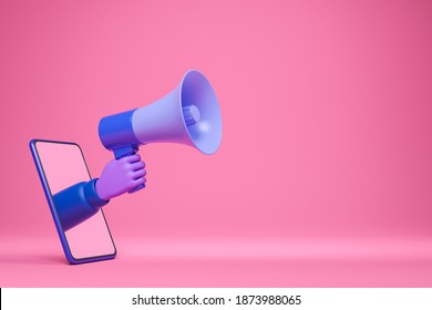 Trendy cartoon violet skin hand holding blue loudspeaker and show through smartphone screen. Online internet advertising announcement concept. 3d render illustration