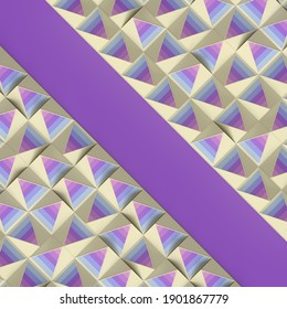 Trendy colored pattern of randomly spaced triangles with place for your text or logo. Abstract banner design. 3d rendering geometric composition. Modern art flat style. Orthographic projection