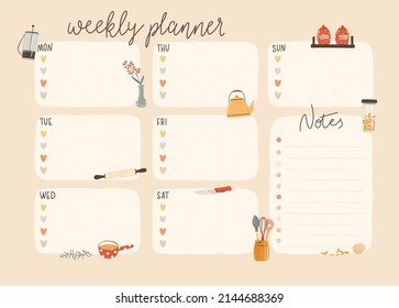 Trendy cooking minimalist template planner for the week in pastel colors. To-do list. Raster illustrations of cute retro kitchen utensils in a textured hand-drawn style - Powered by Shutterstock