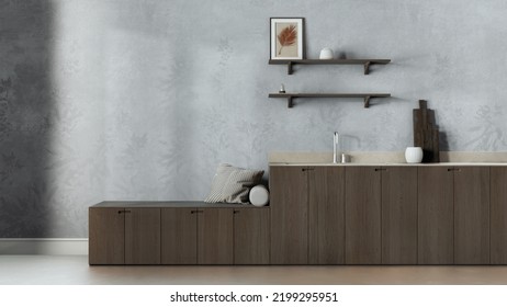 Trendy Cozy Kitchen In White And Dark Tones. Wallpaper, Wooden Cabinets, Shelves And Bench. Concrete Floor, Japandi Interior Design, 3d Illustration