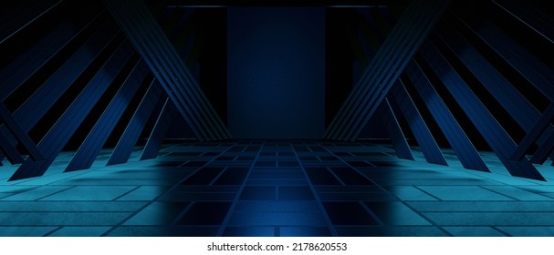 Trendy Digital Showroom Underground Catwalk Hangar Technology Background Tunnel Corridor Navy Blue Used As Banner Background Wallpaper 3D Render