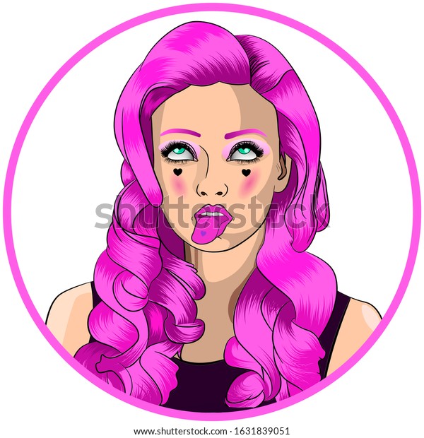 Trendy Egirl Cartoon Face Pink Hair Stock Illustration