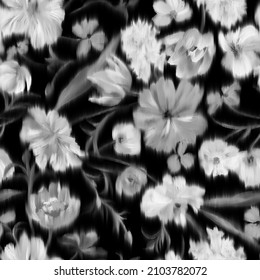 Trendy elegant floral seamless pattern. Defocused black and white garden flowers with large blooming buds. Blurred summer botanical ornament for fashion design, textile and fabric.